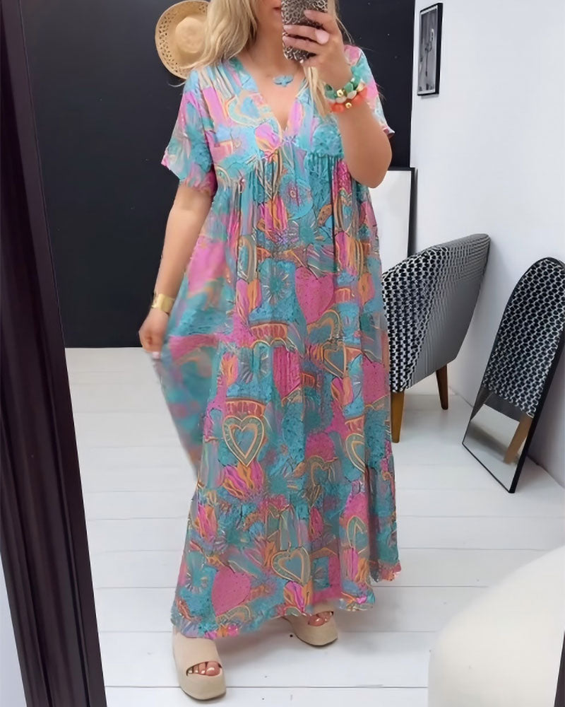 Heart Print V-Neck Maxi Dress