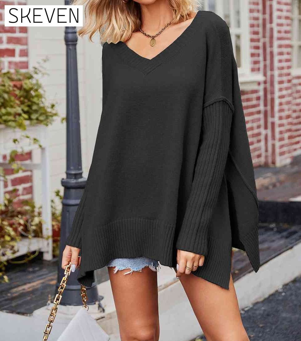 V-Neck Slit Exposed Seam Sweater Black Cardigan clothes SF Knit Ship From Overseas Sweater Sweaters