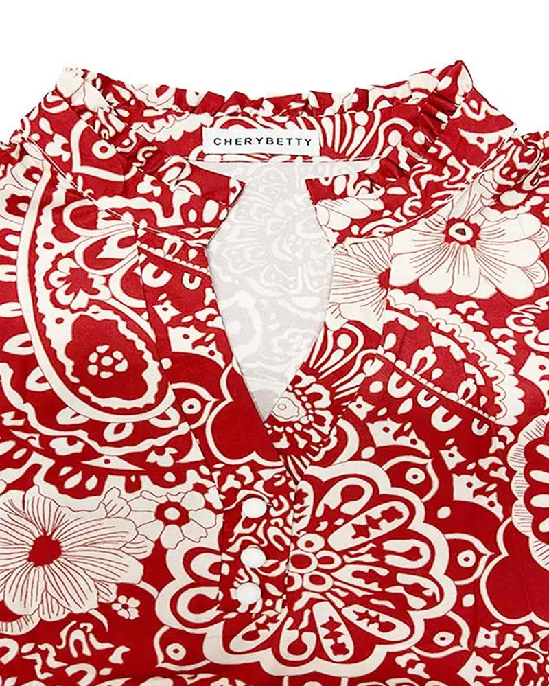Paisley Floral Print Mandarin Collar Blouse