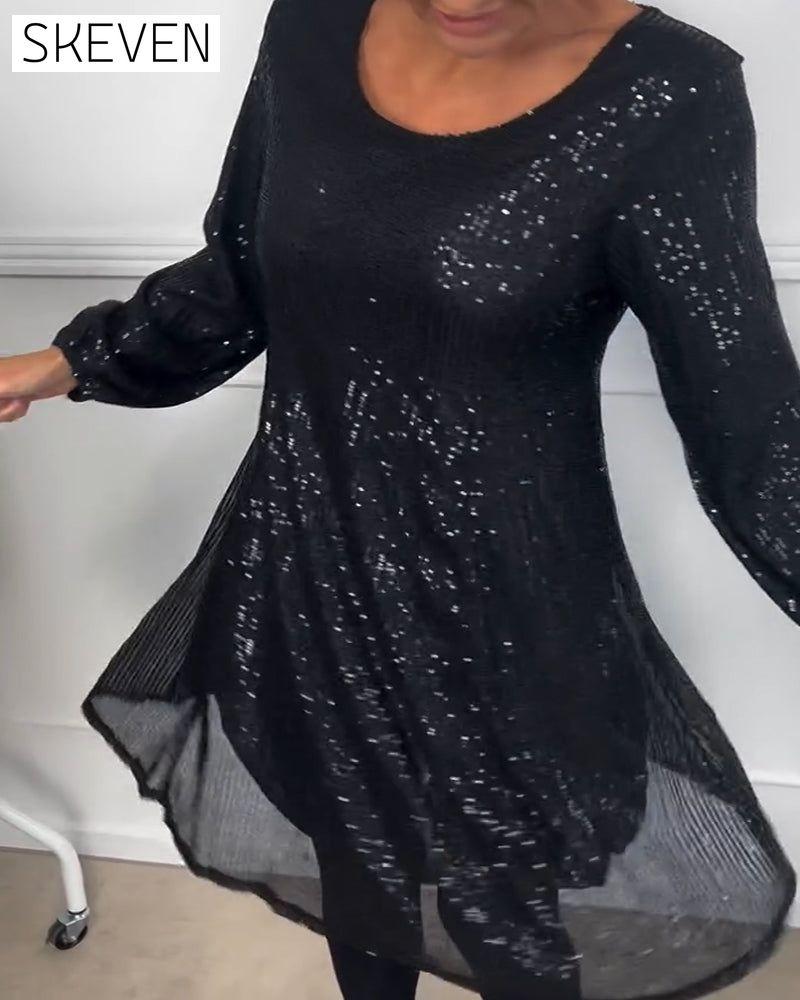 Elegantes, paillettenbesetztes A-Linien-Kleid mit Laternenärmeln