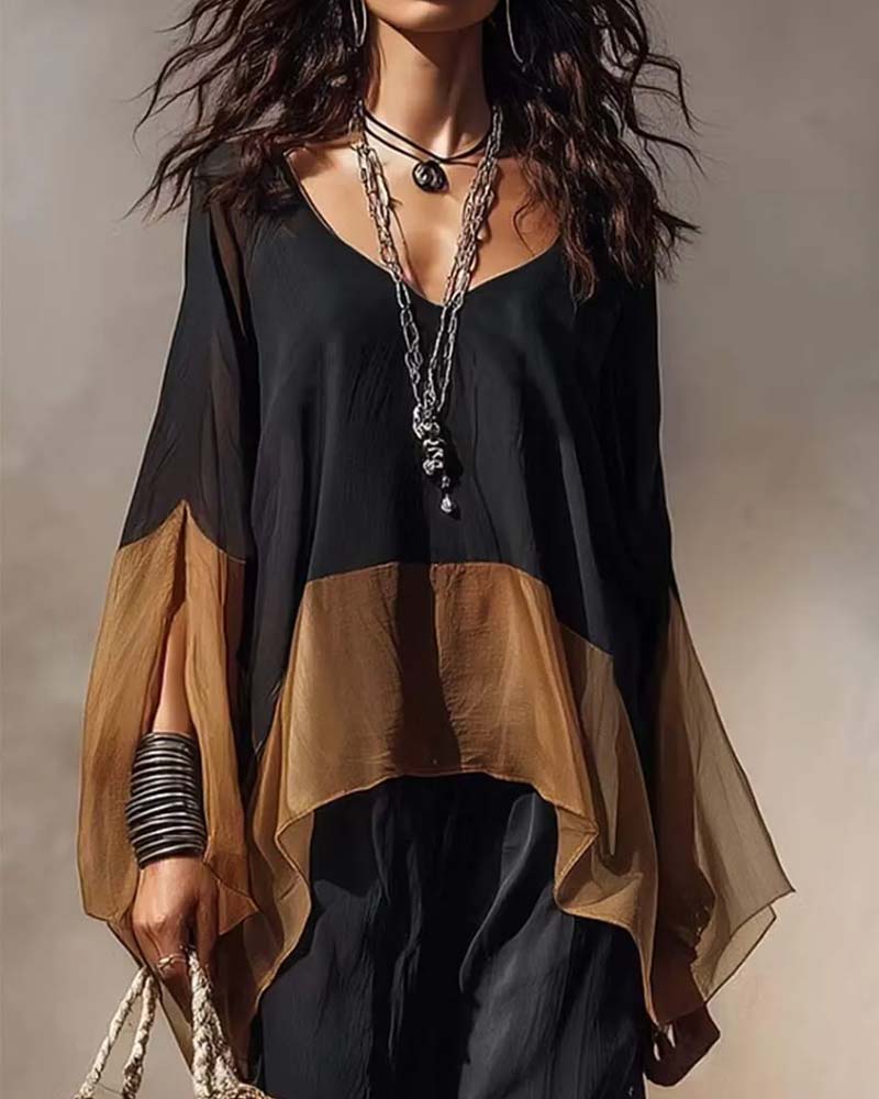 Contrast Panel Draped V-Neck Blouse