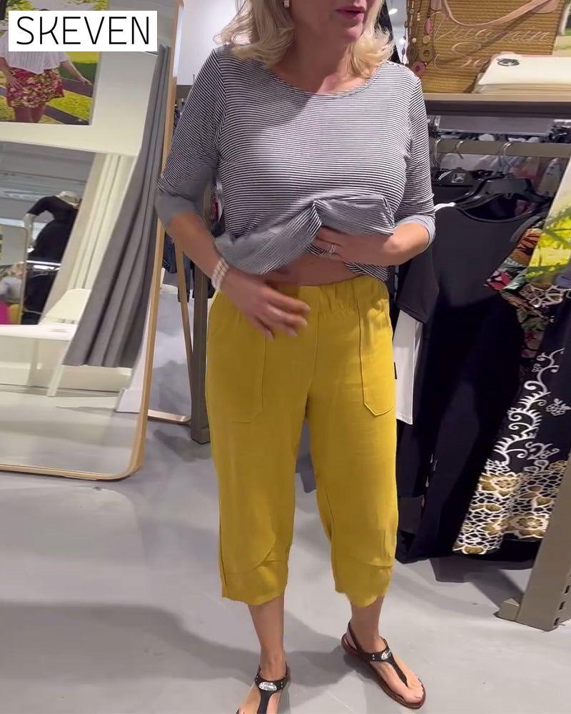 Pantalon court décontracté fuselé en coton et lin