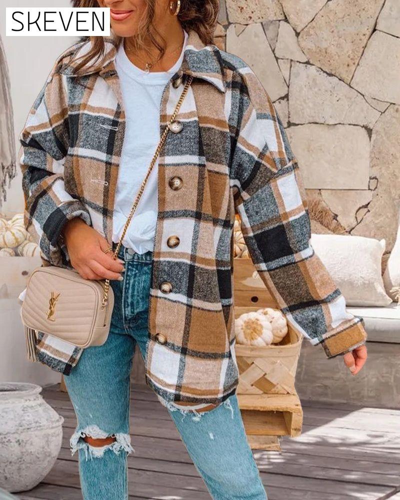 Casual plaid print button lapel jacket