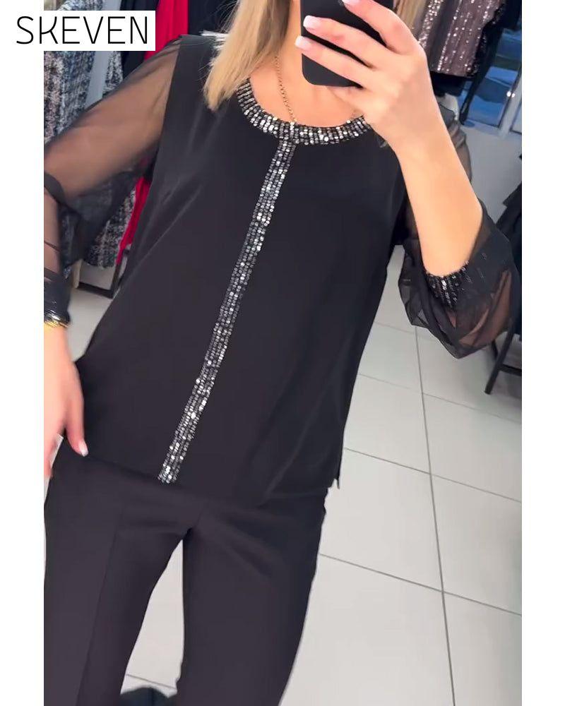 Sequin Panel Long Sleeve Blouse
