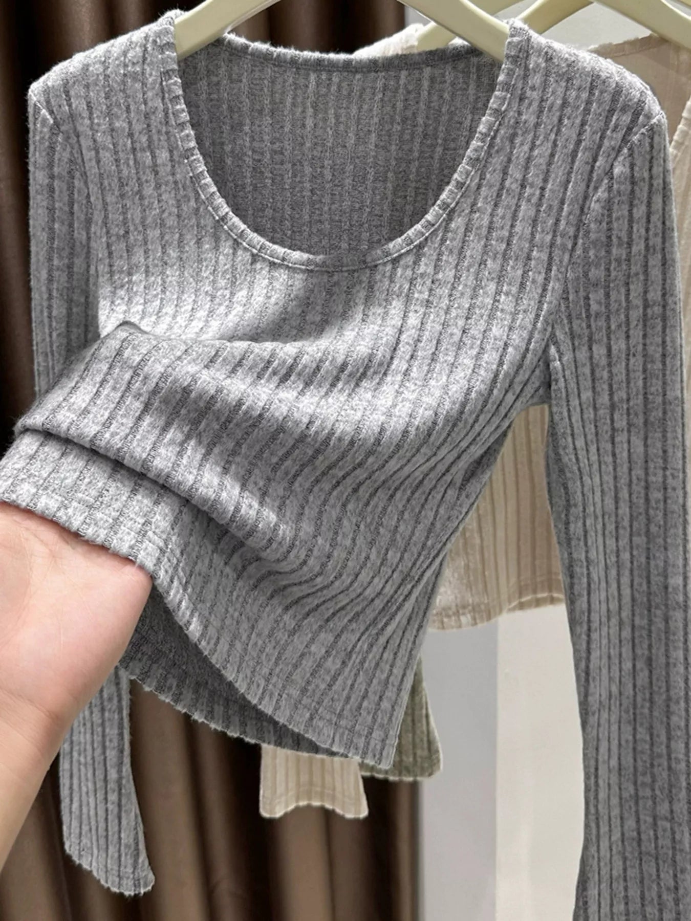 Ribbed Knit Slim Fit Long Sleeve T-Shirt