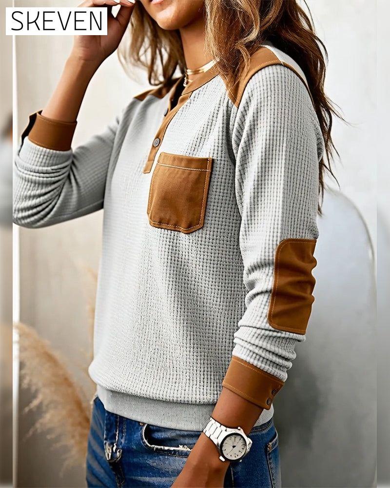 Contrast Color Open Button Pockets Sweatshirt