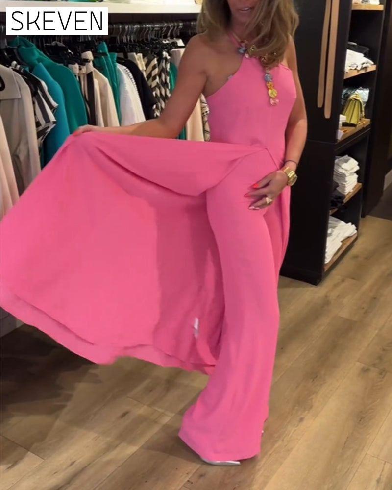 Halter neck slit solid color two piece set