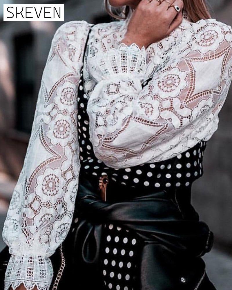 Sexy See-Through Long-Sleeved Stand-Collar Lace Blouse