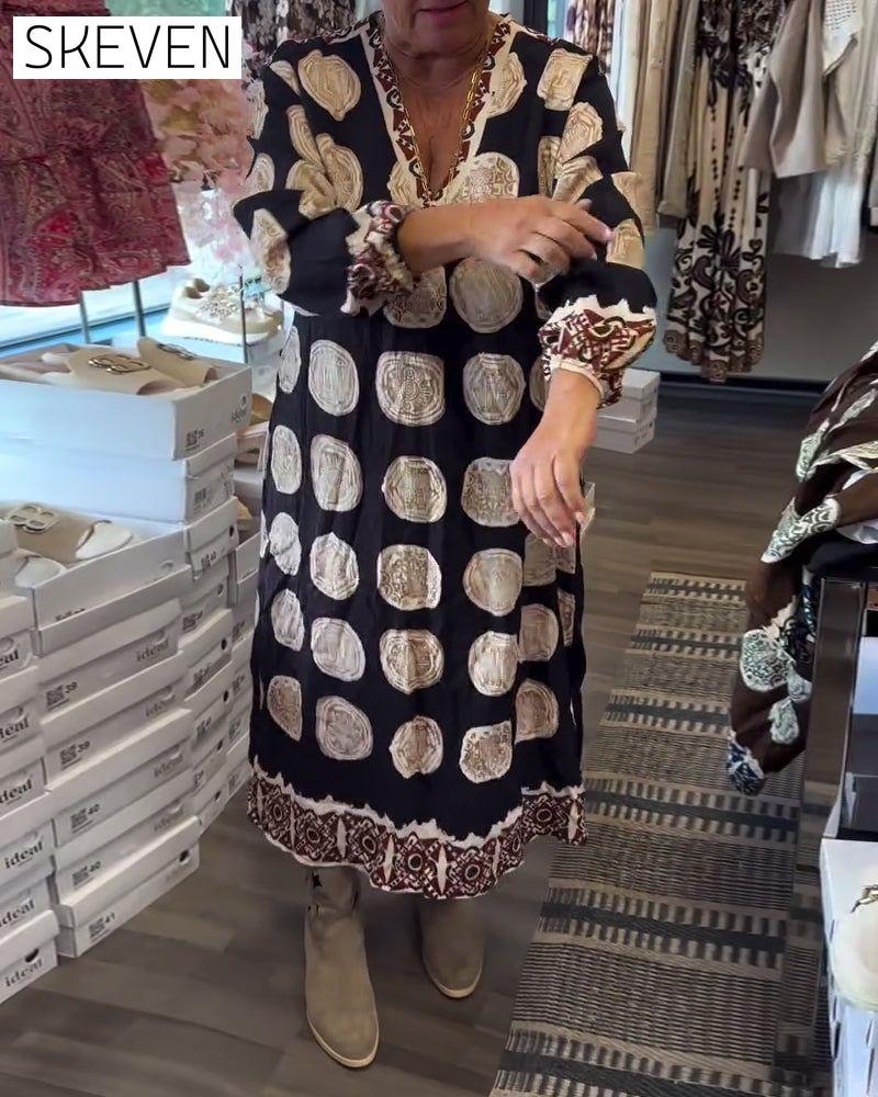 Long-Sleeved V-Neck Printed Dress