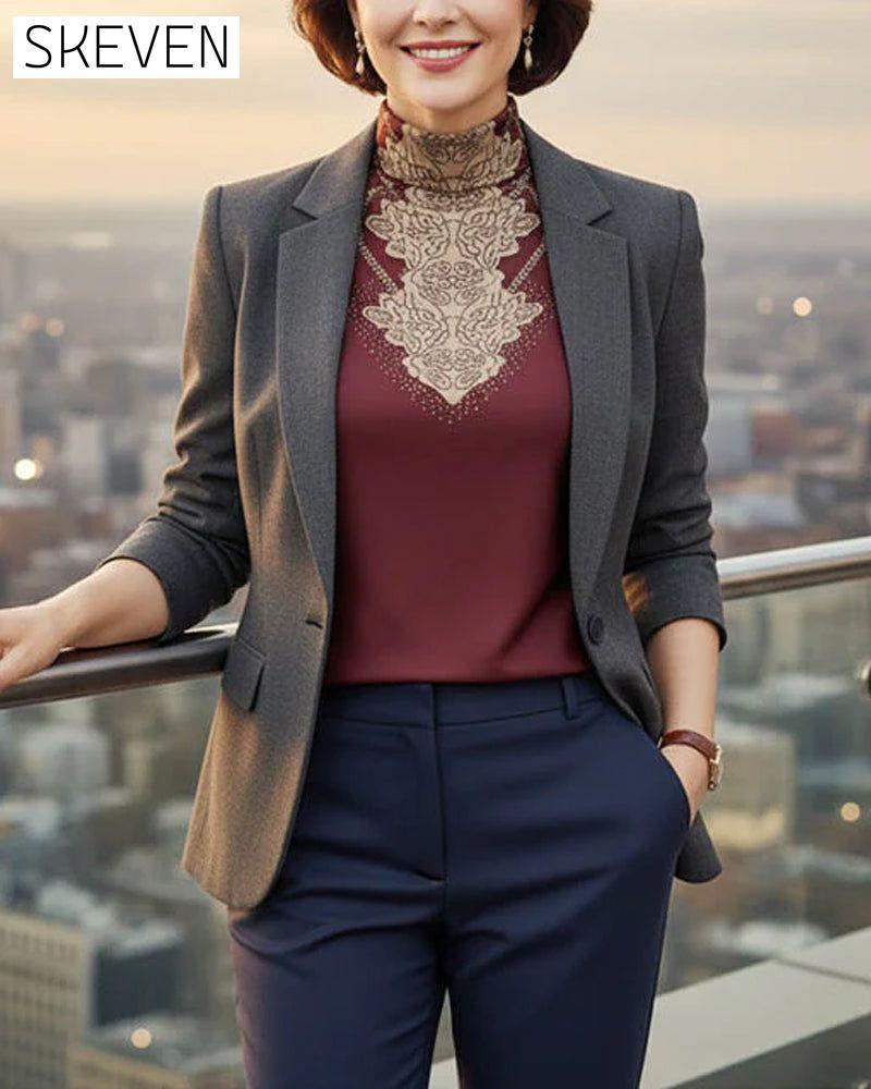 Elegant Printed Fitted Women's Stand Collar Top