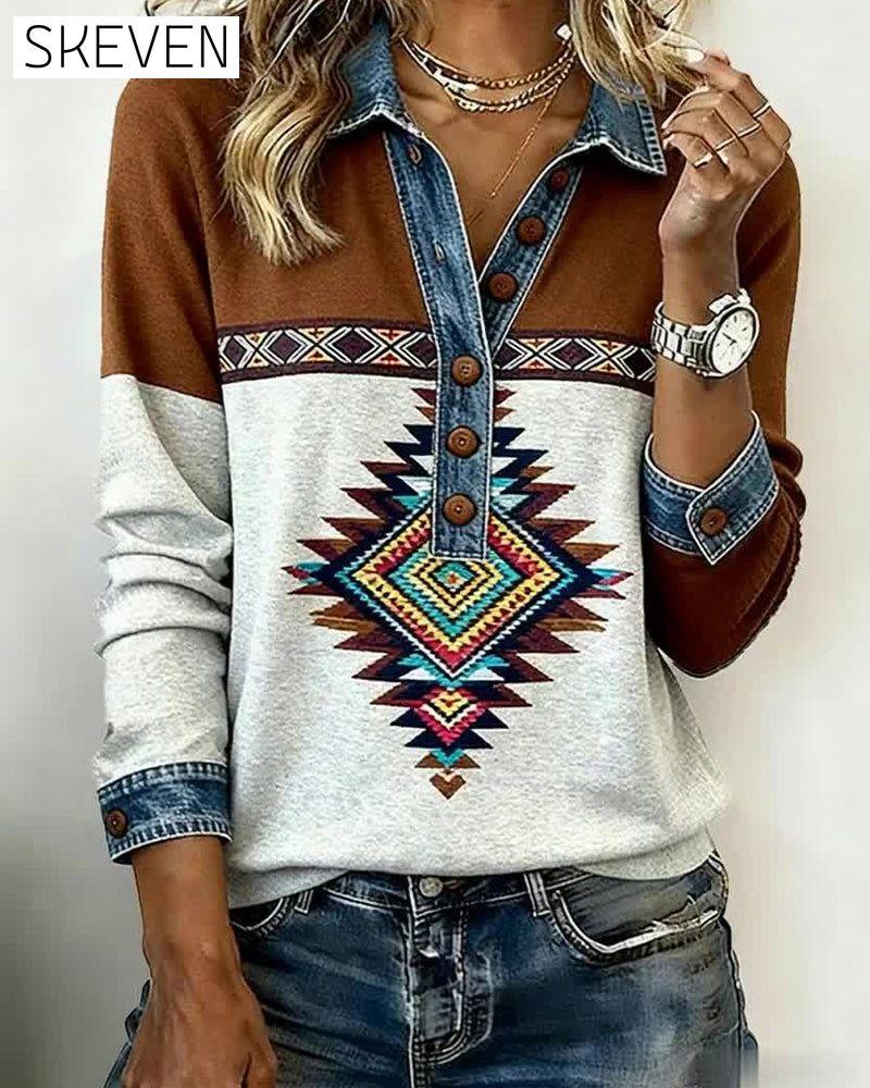 Sweat-shirt imprimé à col boutonné bicolore