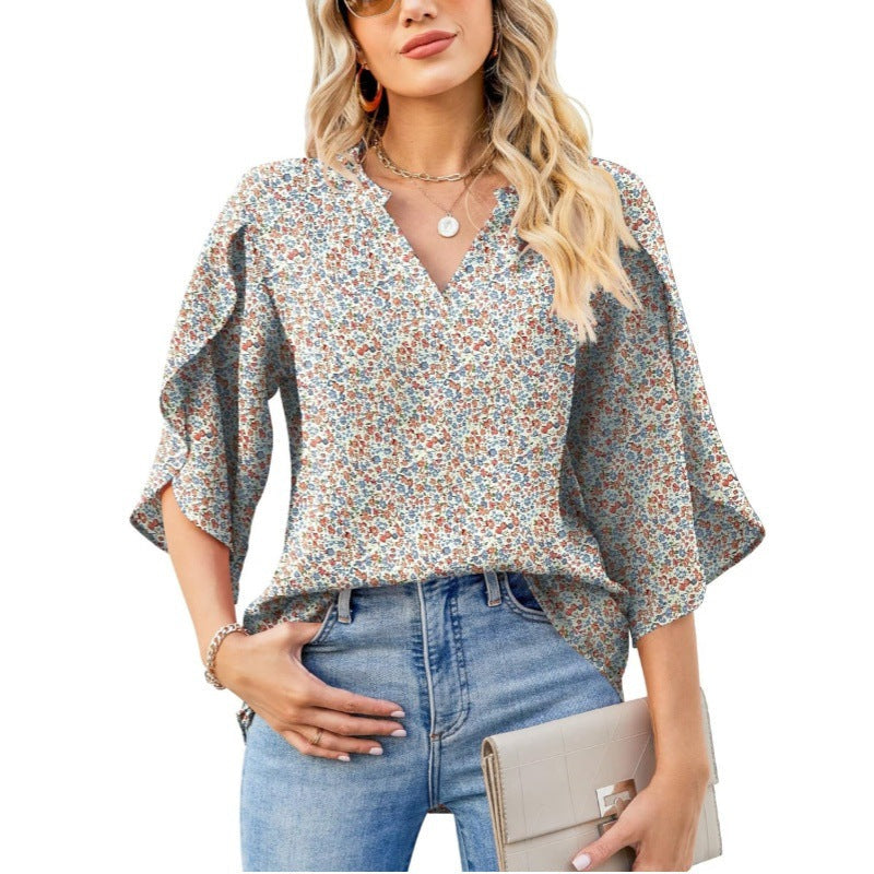 Women's Loose V-neck Petal Chiffon Top
