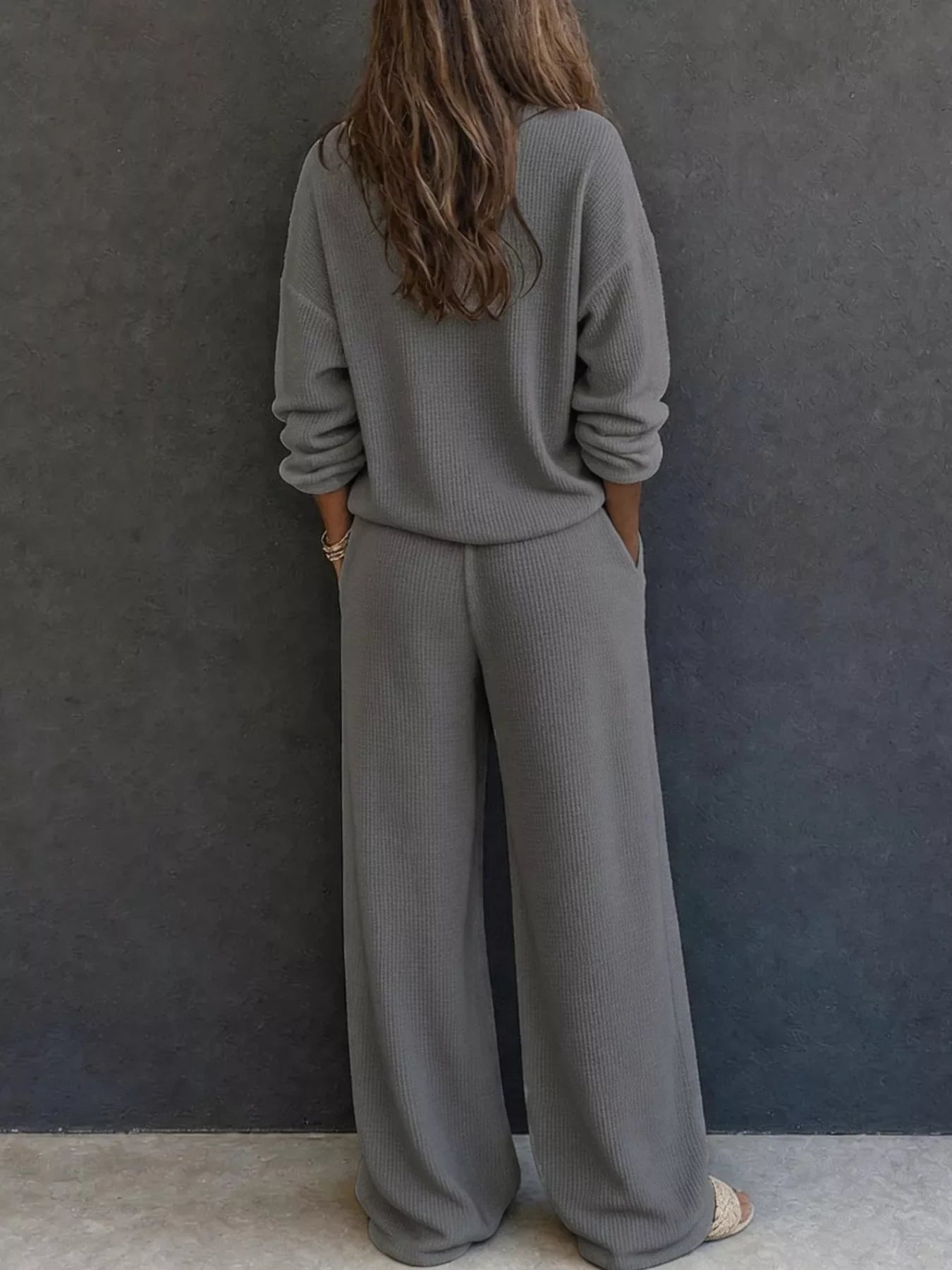 Waffle Knit Henley Top and Wide Leg Pants Set