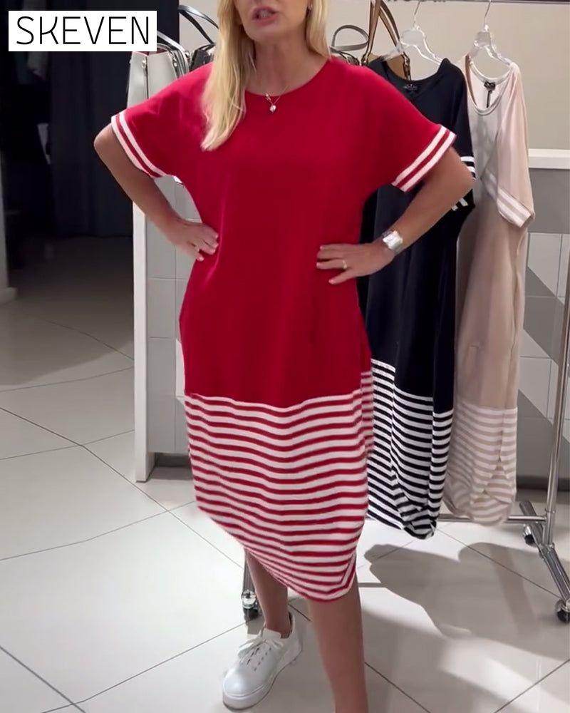 Contrast Stripe Short Sleeve Casual Dress