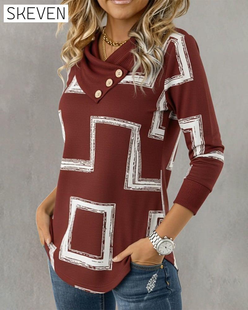 Long-Sleeved Slanted-Neck Graphic Print Top