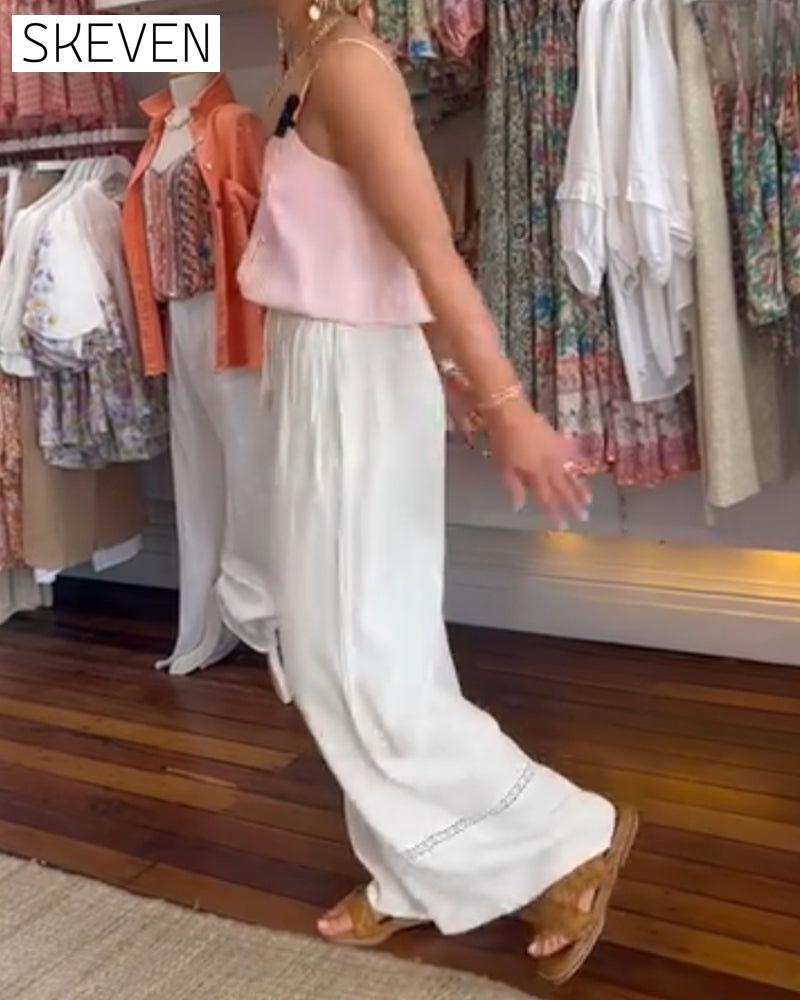 Solid color comfortable wide leg pants with pockets