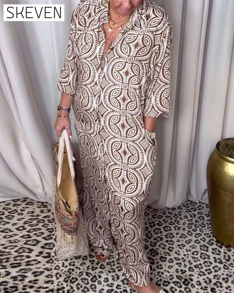 Vintage printed lapel pocket maxi dress