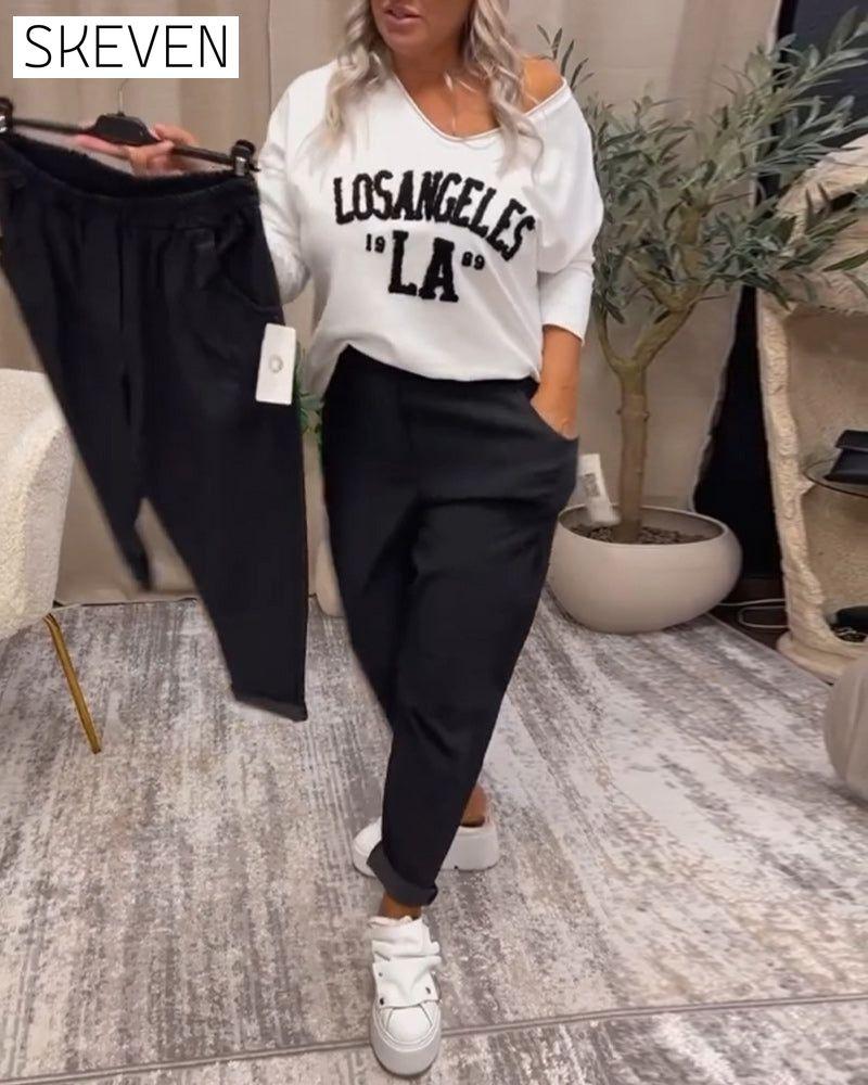 Lässiges Sweatshirt mit Buchstabenprint und V-Ausschnitt