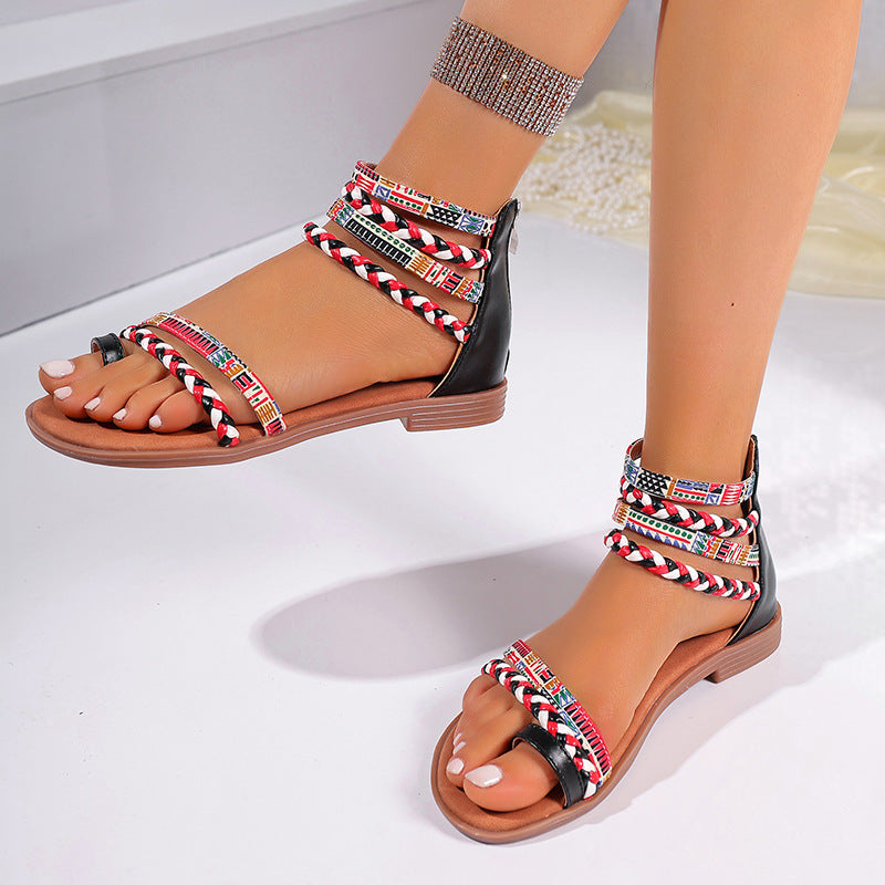 Flat Sandals Colorful Weave Strapped Shoes With Back Zipper Women's Shoes