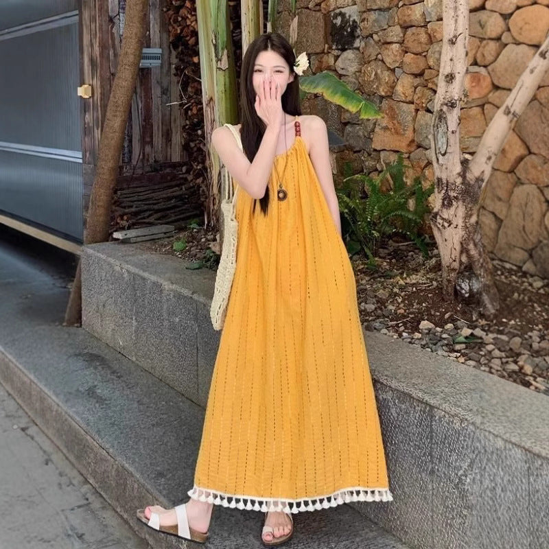Embroidered Sleeveless Maxi Dress with Tassels