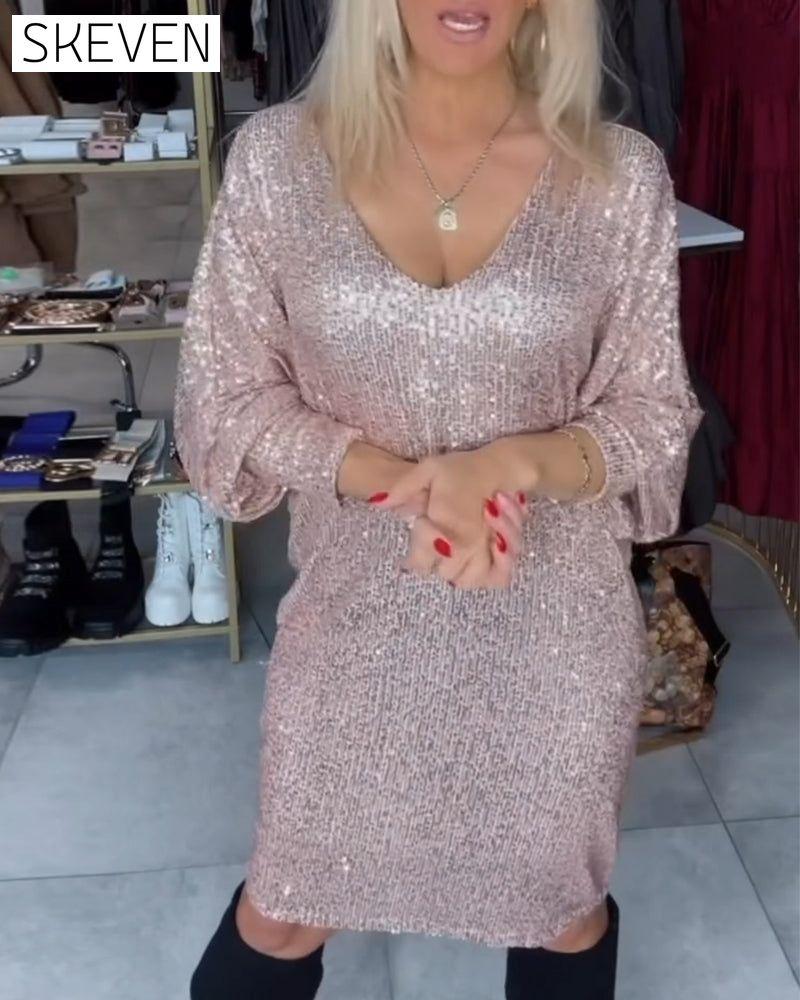 Batwing Sleeve Deep V Sequin Dress