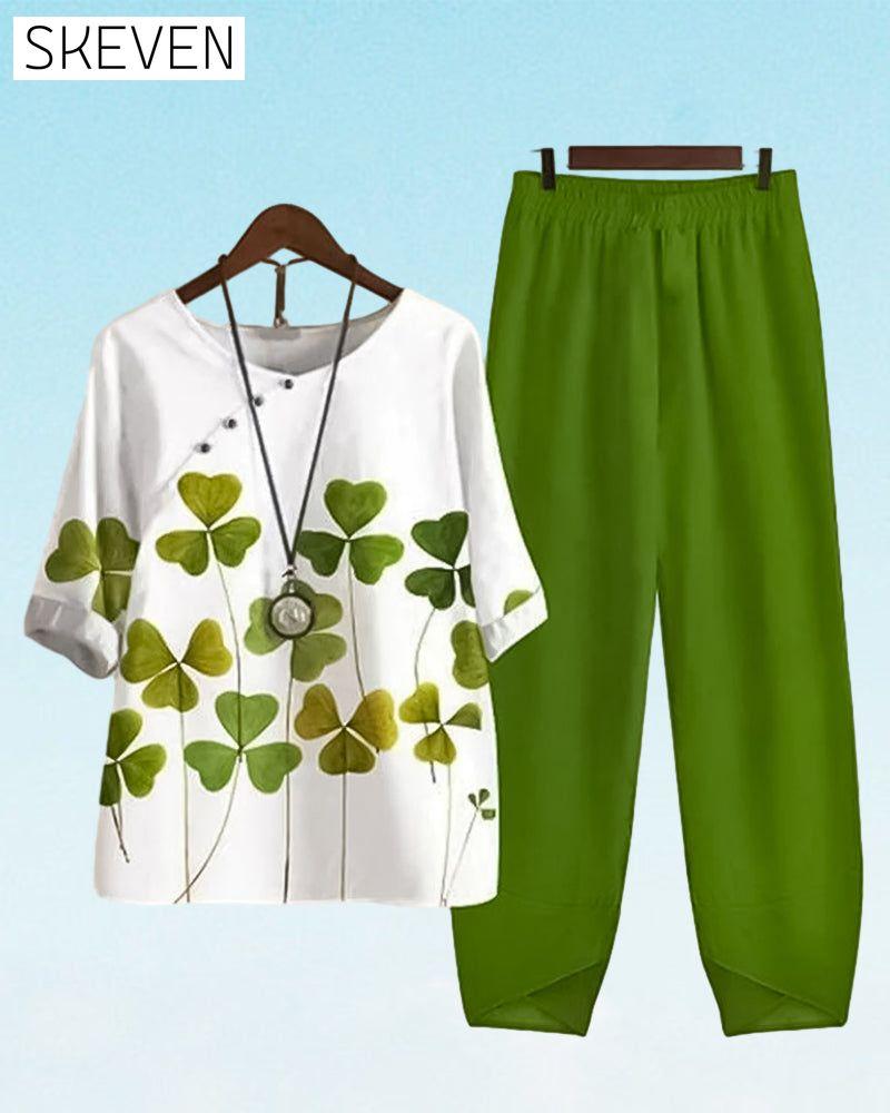 Clover print casual two-piece set
