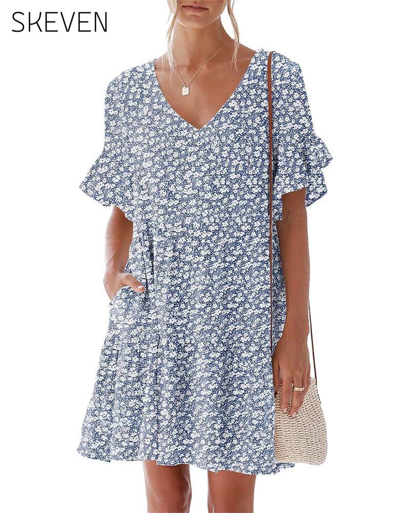 Kleid mit Rüschenärmeln, V-Ausschnitt und Blumenmuster