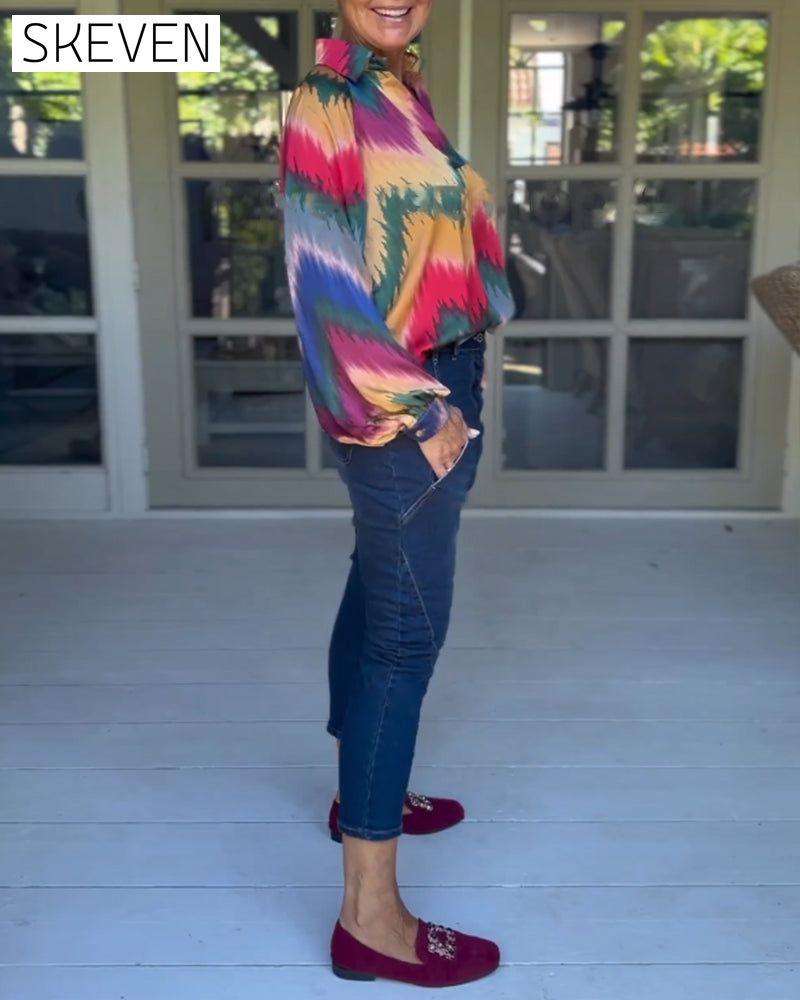 Mehrfarbiges Langarmshirt mit Reverskragen