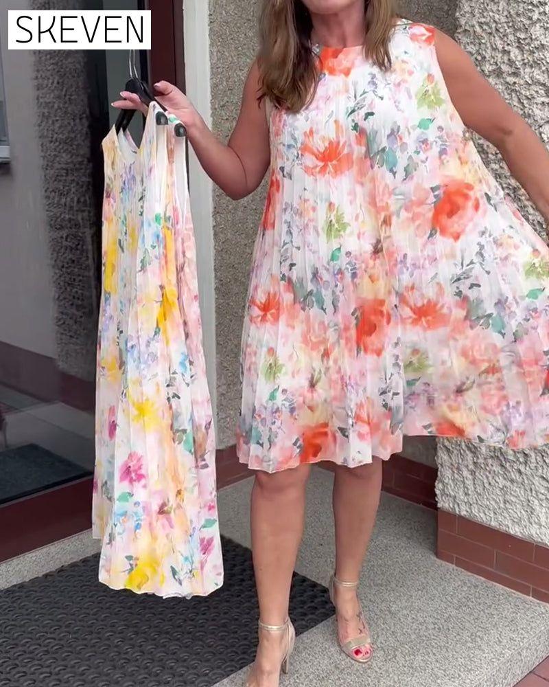 Sleeveless Pleated Floral Dress