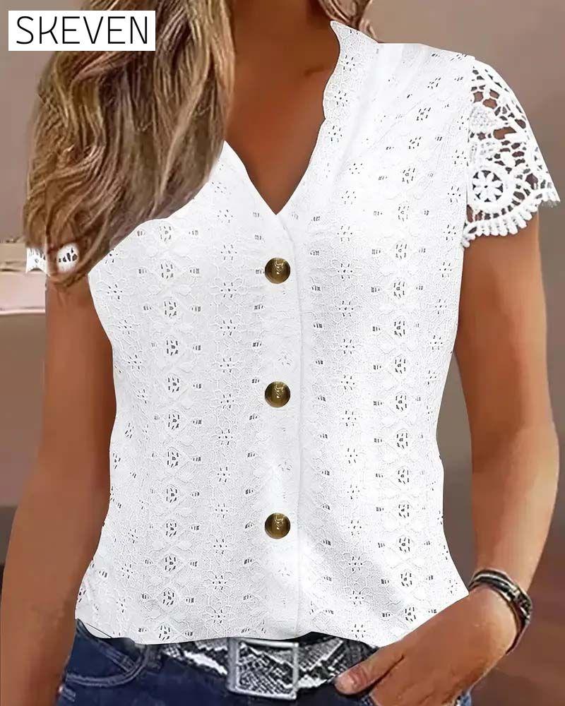 Solid Color Hollow Short-Sleeved Blouse