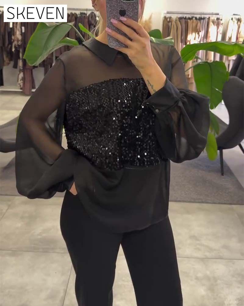 Bluse mit Puffärmeln und Kragen in Unifarbe