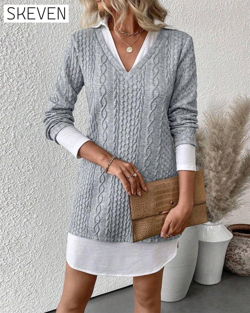 Hemdkragen-Täuschungs-Zweiteiler-Strickkleid