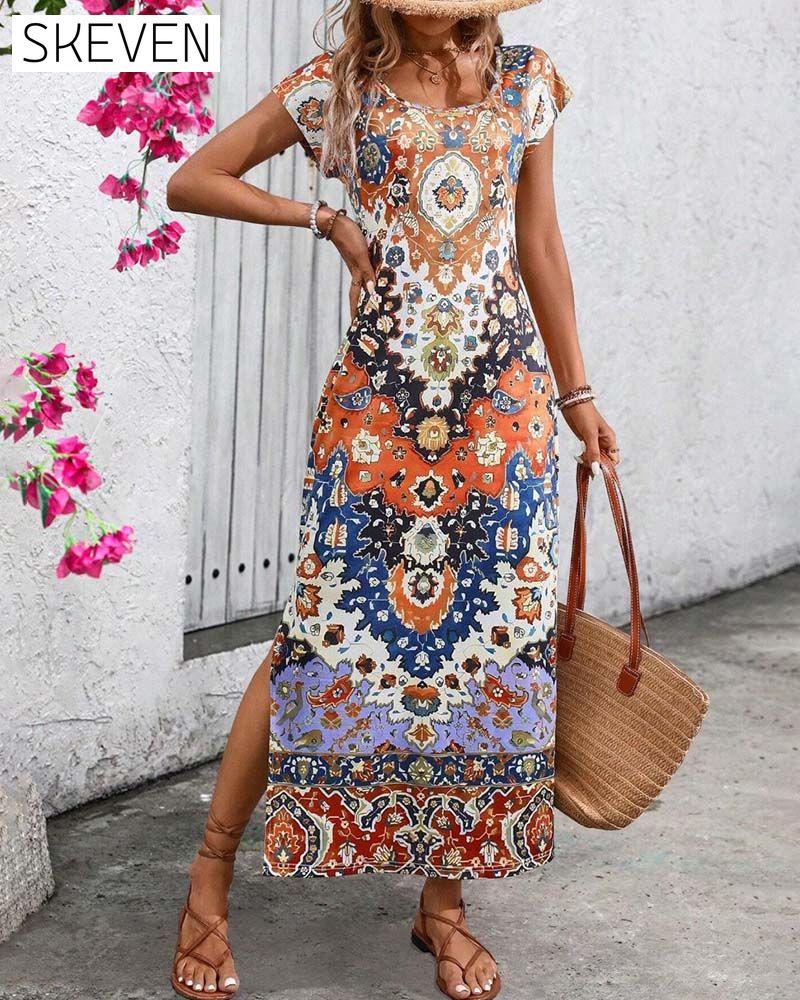 Robe décontractée imprimée colorée avec fentes
