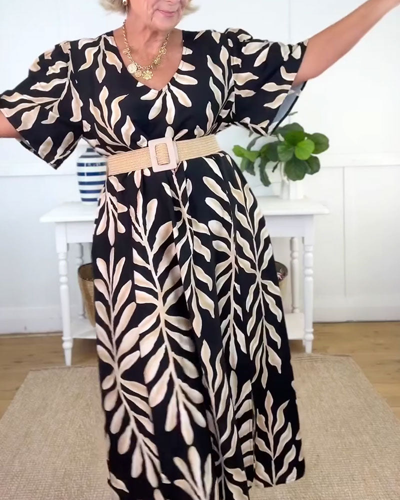 V-Neck Loose Short Sleeve Printed Dress