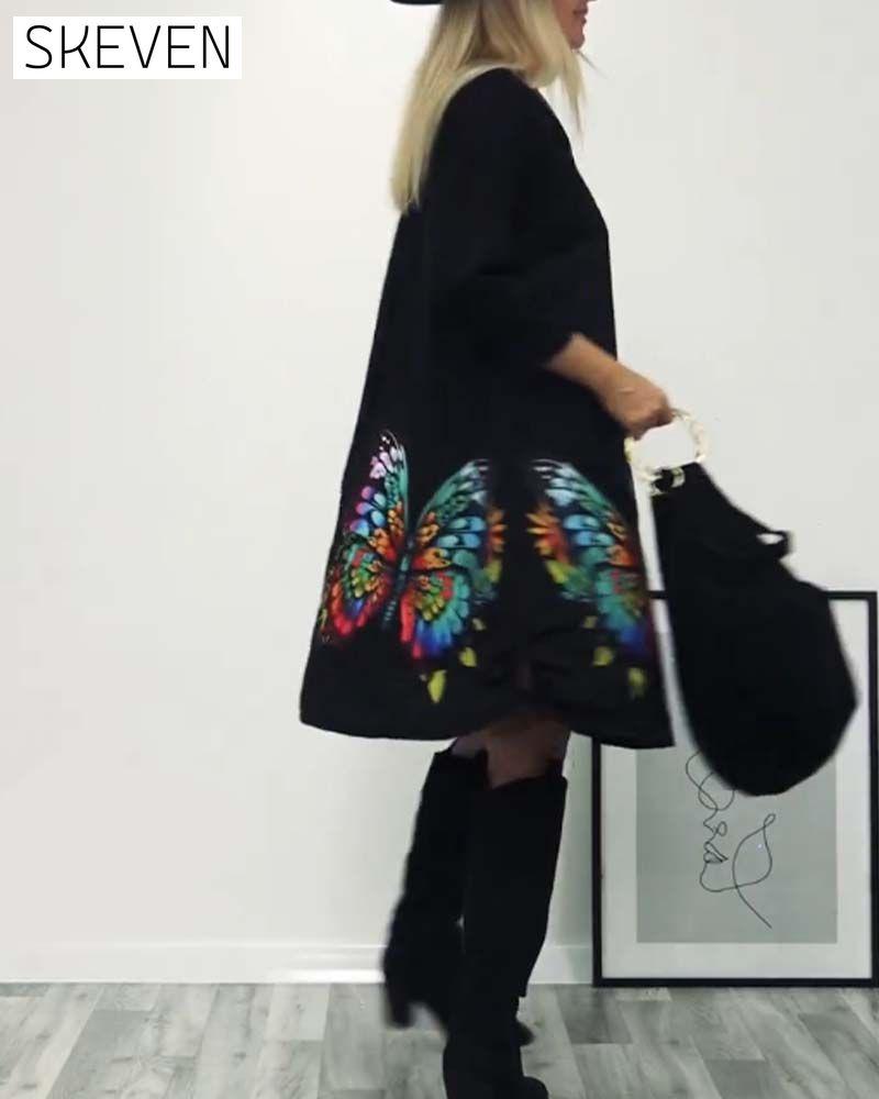 robe à manches longues imprimée papillon avec poches