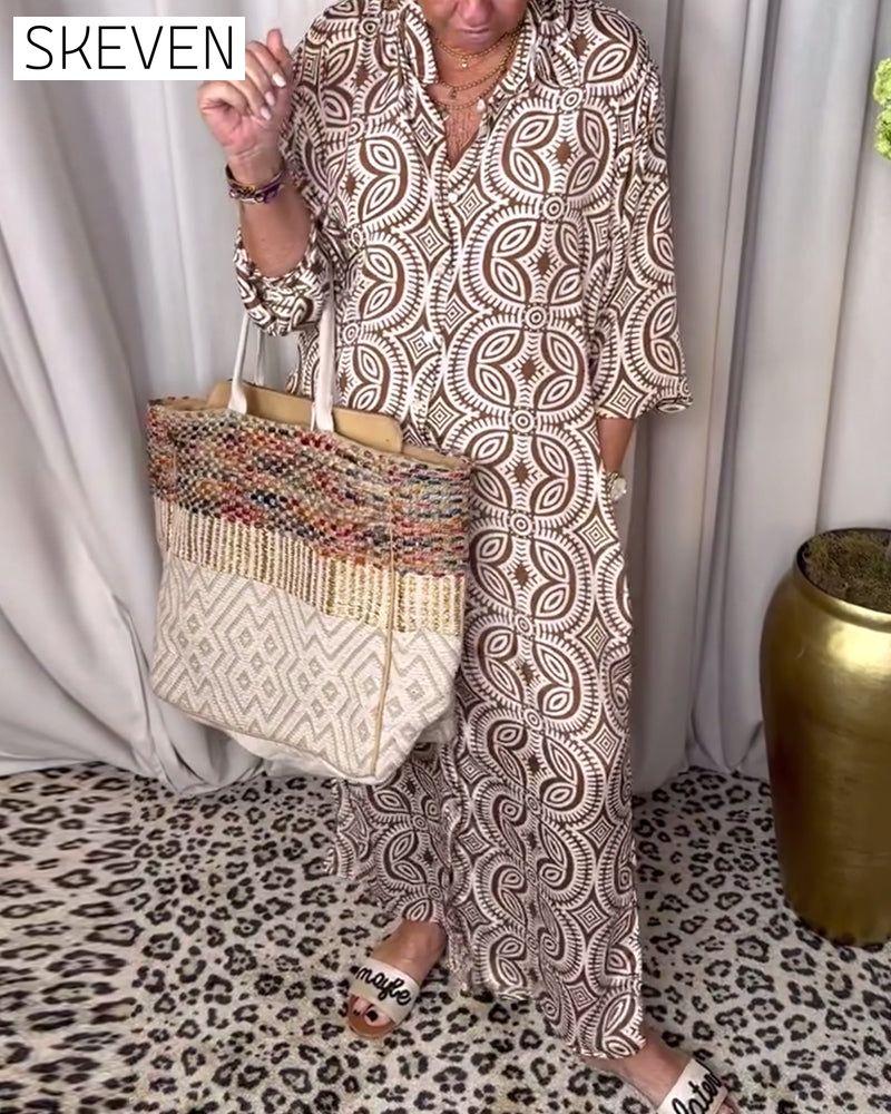 Vintage printed lapel pocket maxi dress