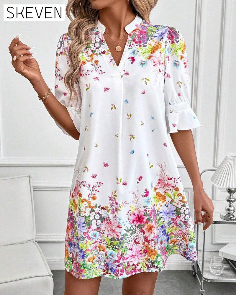 V-Neck Puff Sleeve Printed Dress