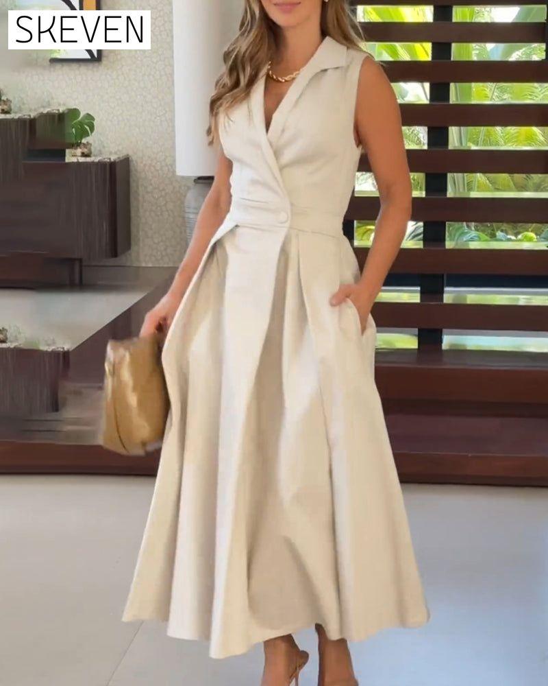Sleeveless lapel elegant solid color dress