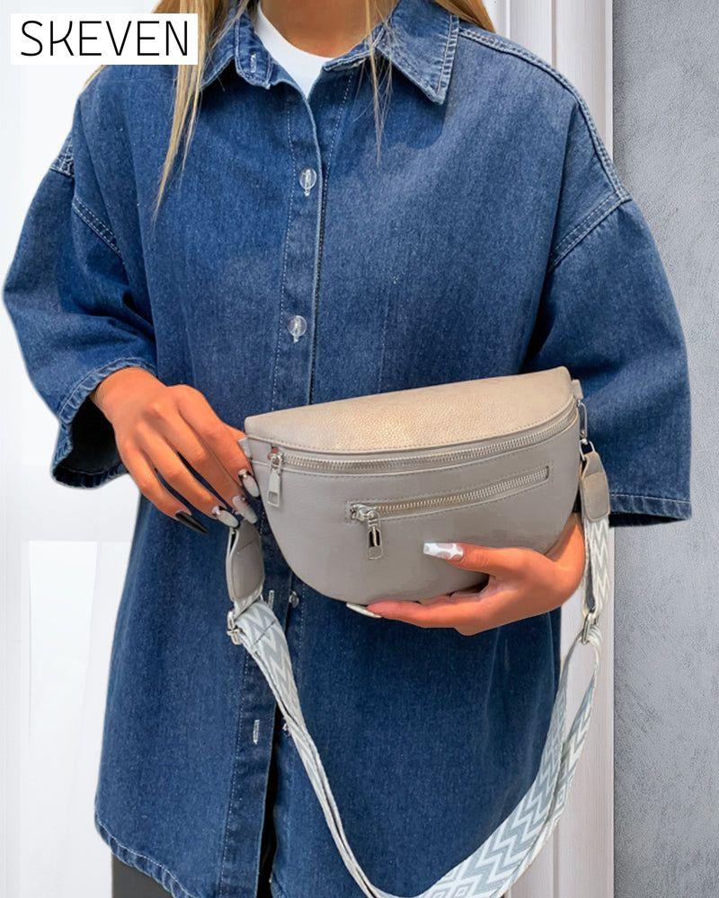 Zippered shoulder bag with contrast straps