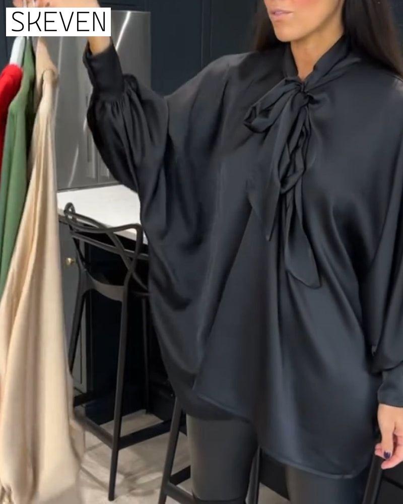 Ribbon collar solid color and elegant blouse