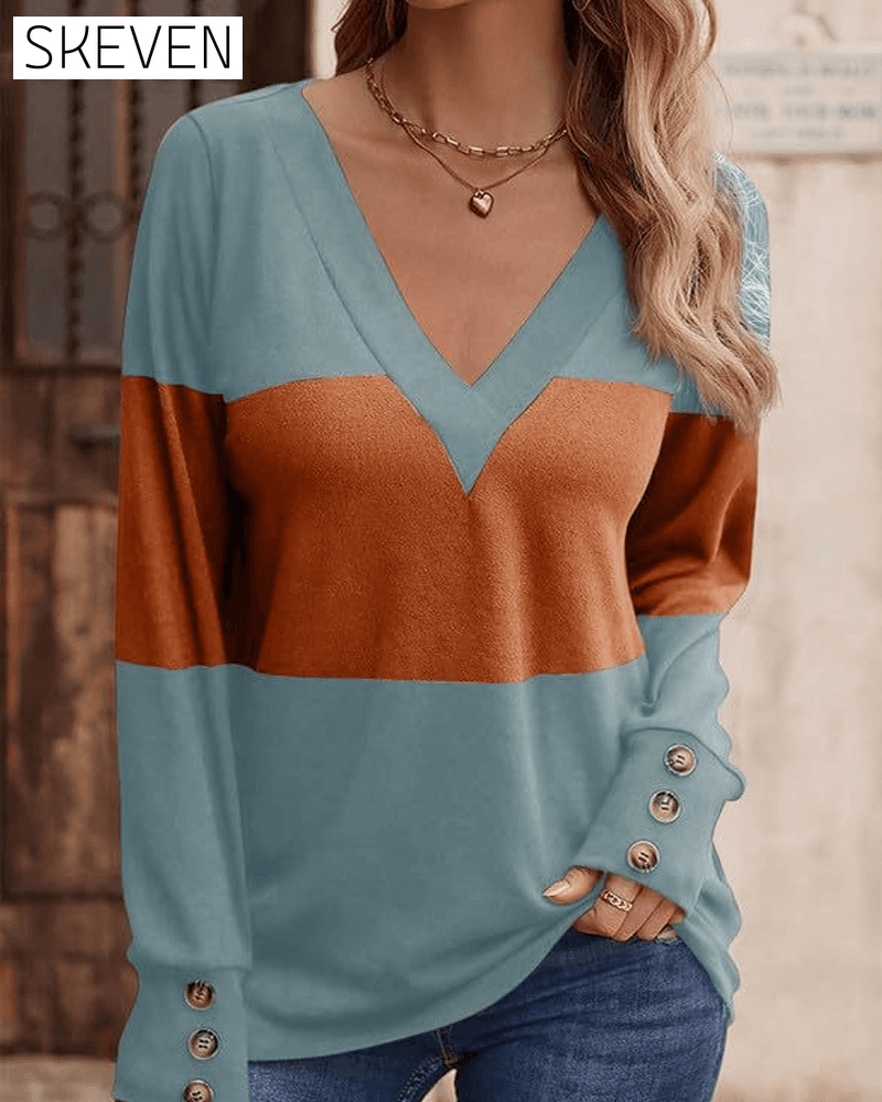 Women's Colorblock Print Button Decor Drop Shoulder Tee
