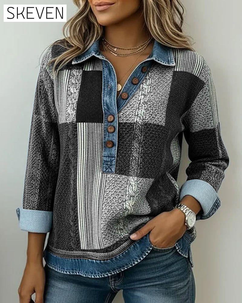 Sweat-shirt imprimé à manches longues et blocs de couleur