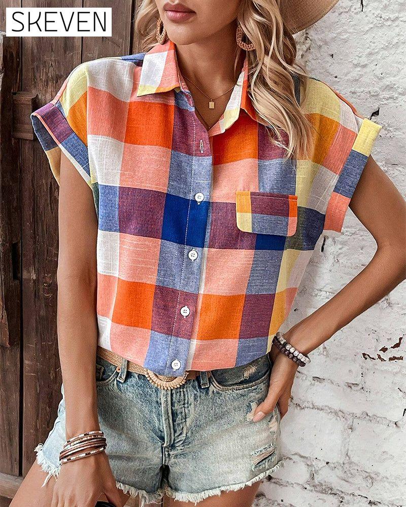 chemise décontractée à manches courtes à carreaux colorés