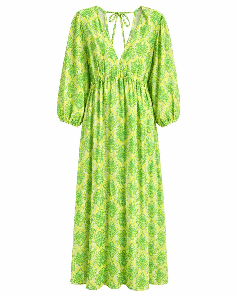 Color Block Vintage Leaf Pattern Dress