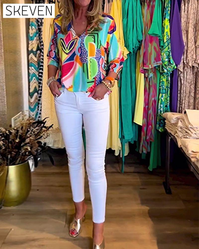 Long Sleeve Loose Printed Blouse