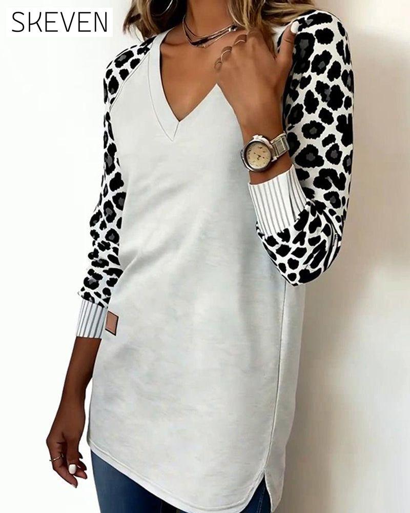 Mid-Length V-Neck Leopard Print Sweatshirt