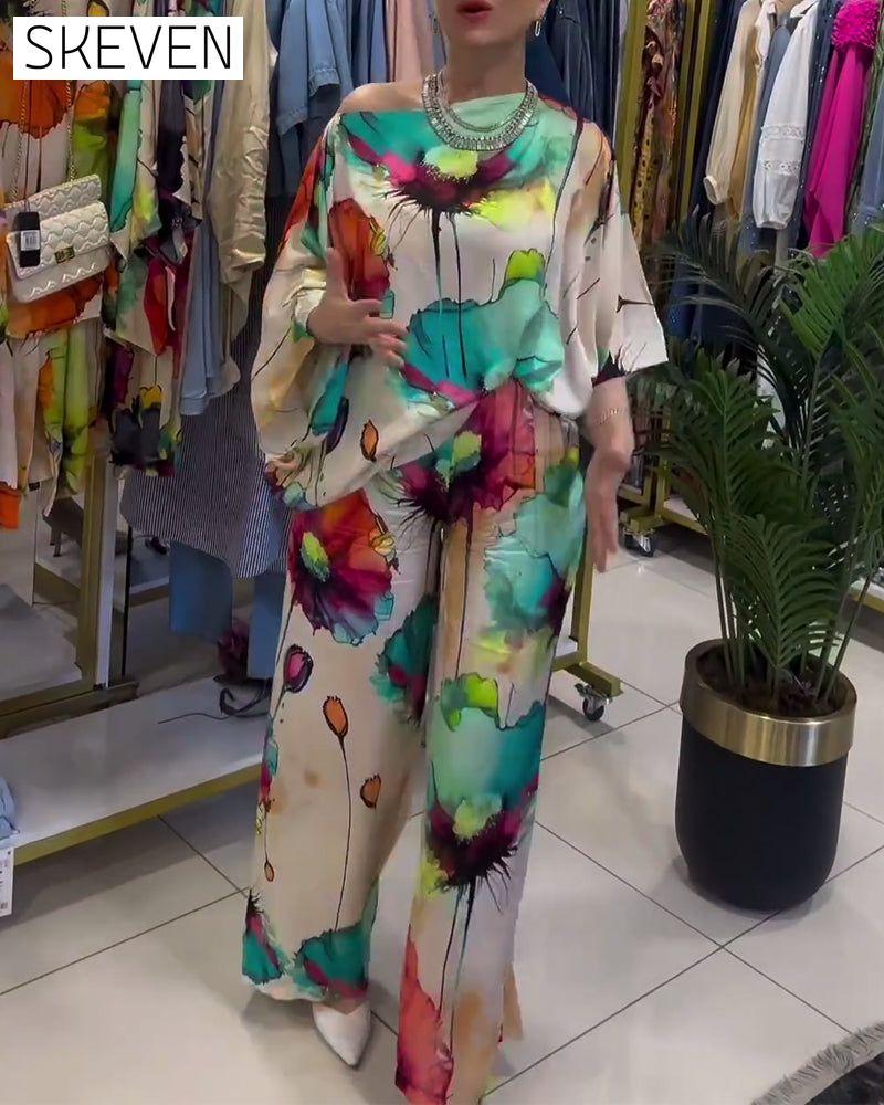 ensemble à imprimé lotus, une épaule et manches trois-quarts