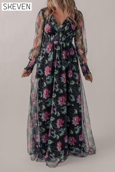 Somcked Floral V-Neck Long Sleeve Maxi Dress clothes dress dresses long sleeve dress long sleeve dresses maxi dress Ship From Overseas SYNZ