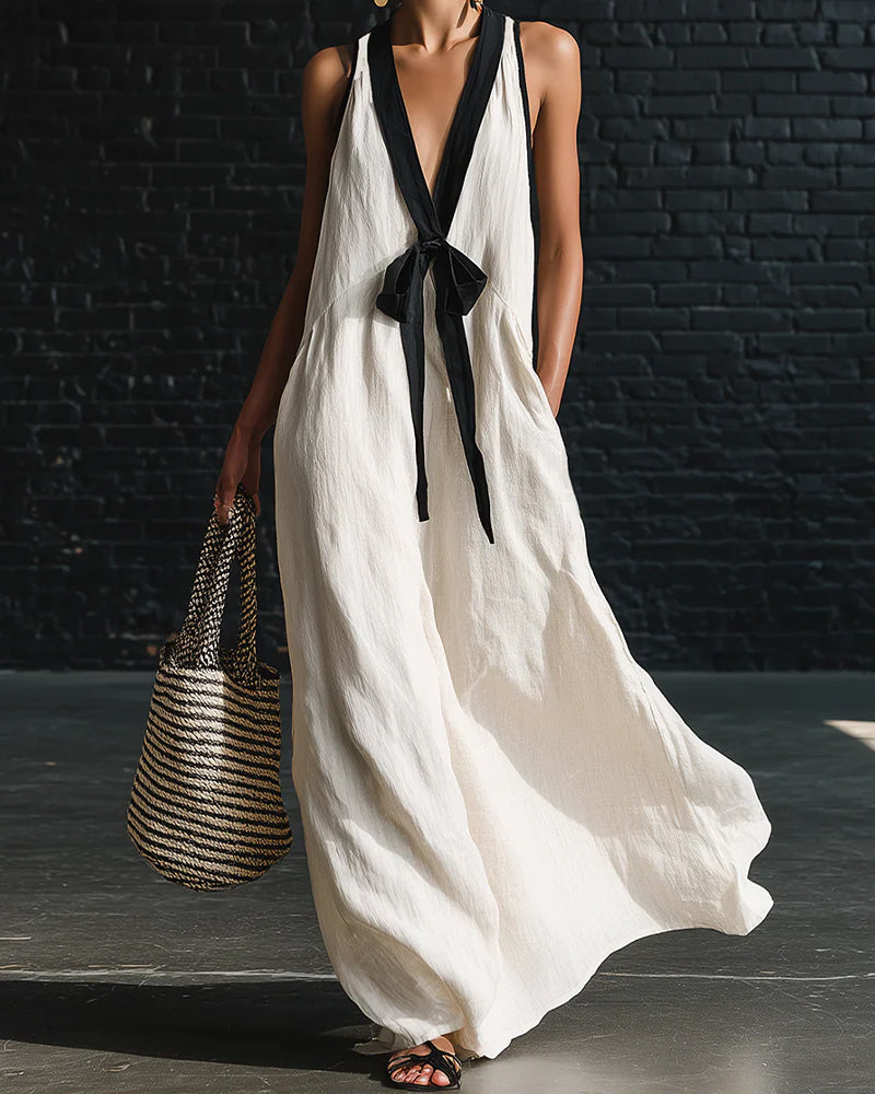 Color-Block V-Neck Tie Front Sleeveless Dress