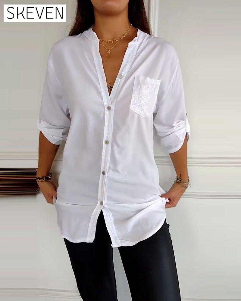 Paneled sequin button casual top